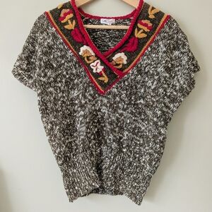Vintage SML Sport Marled Sweater Top with Floral Embroidered Trim